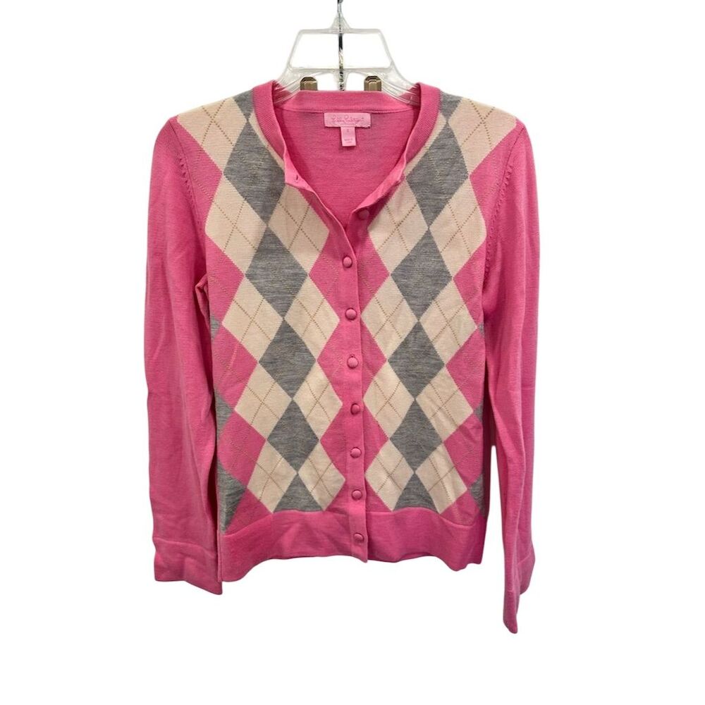 Lilly Pulitzer Women's Pink Argyle Cardigan Sweater Standard Size S Button-Up